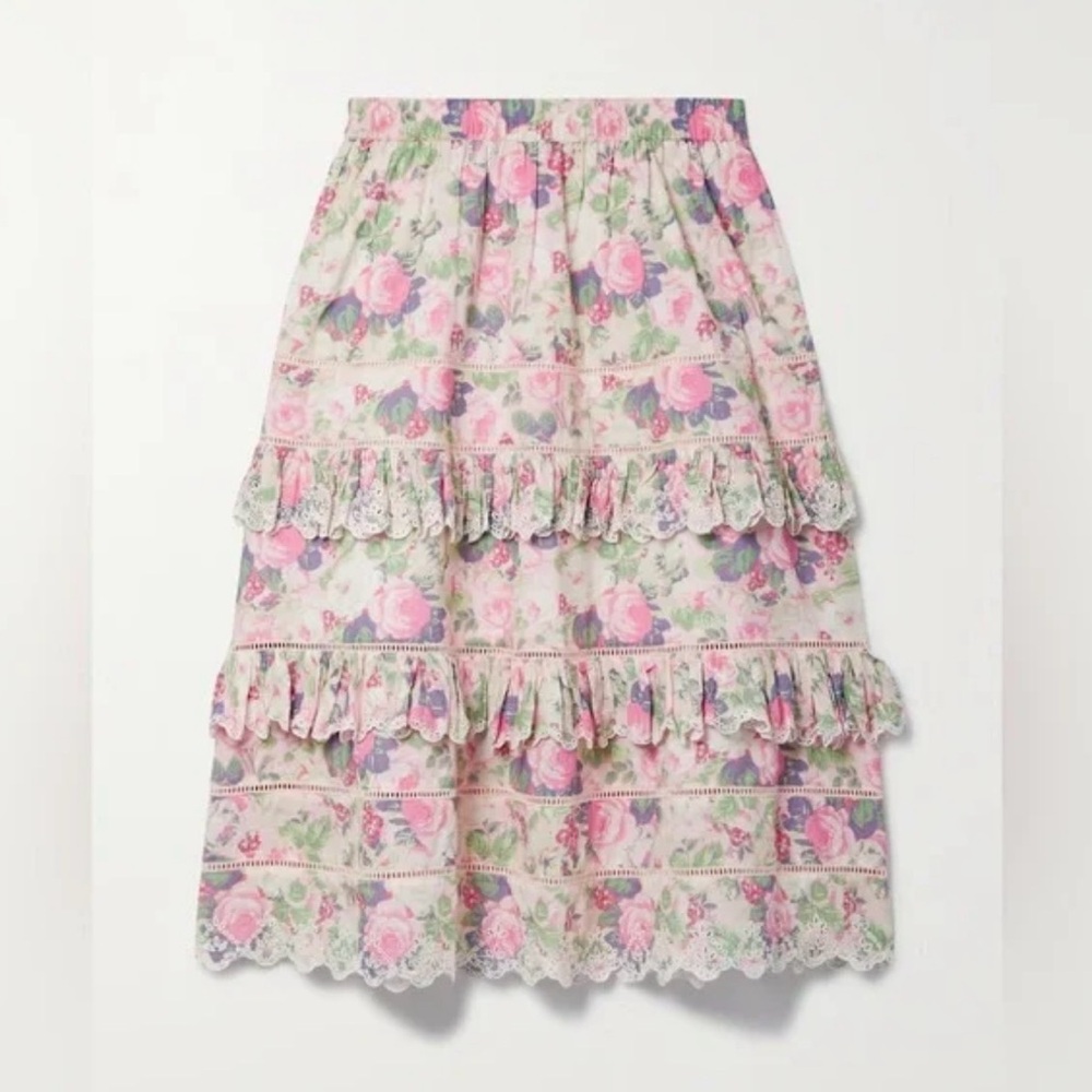 Loveshackfancy Nalia Floral Lace Trim Skirt Size Small